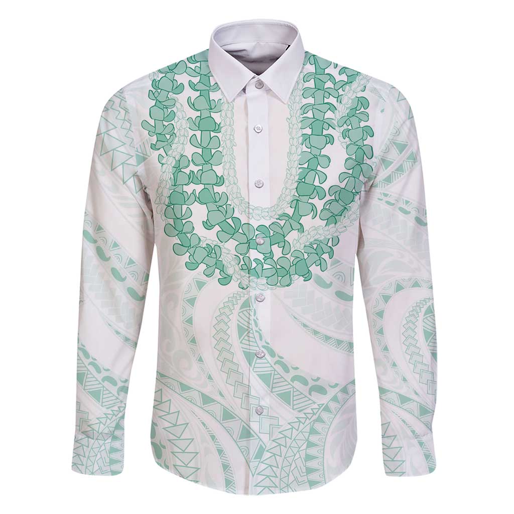 Aloha Lei Onaona Family Matching Off Shoulder Short Dress and Hawaiian Shirt Sage Green Hawaiian Tribal Pattern LT9 Dad's Shirt - Long Sleeve Green - Polynesian Pride