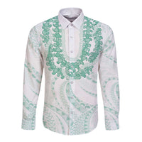 Aloha Lei Onaona Long Sleeve Button Shirt Sage Green Hawaiian Tribal Pattern