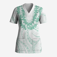 Aloha Lei Onaona Scrub Top Sage Green Hawaiian Tribal Pattern - Polynesian Pride