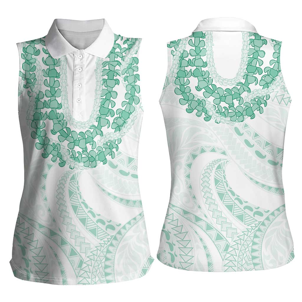 Aloha Lei Onaona Women Sleeveless Polo Shirt Sage Green Hawaiian Tribal Pattern
