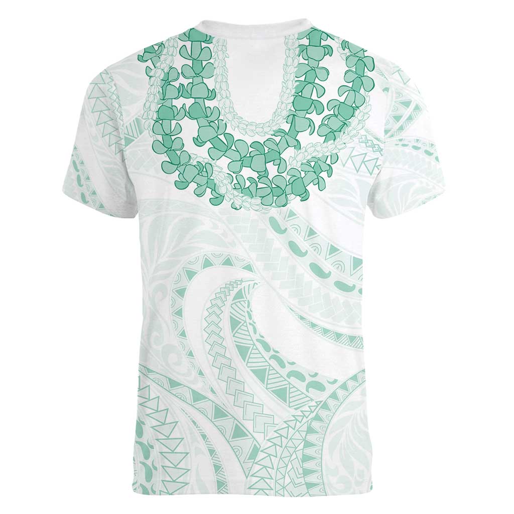 Aloha Lei Onaona Women V-Neck T-Shirt Sage Green Hawaiian Tribal Pattern