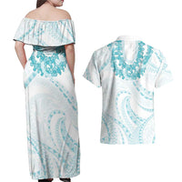 Aloha Lei Onaona Couples Matching Off Shoulder Maxi Dress and Hawaiian Shirt Teal Hawaiian Tribal Pattern