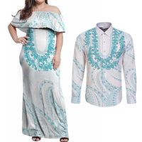 Aloha Lei Onaona Couples Matching Off Shoulder Maxi Dress and Long Sleeve Button Shirt Teal Hawaiian Tribal Pattern