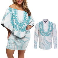 Aloha Lei Onaona Couples Matching Off Shoulder Short Dress and Long Sleeve Button Shirt Teal Hawaiian Tribal Pattern