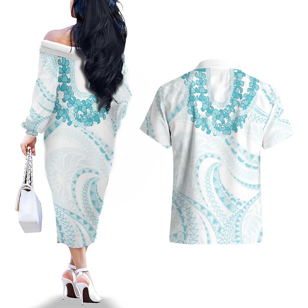 Aloha Lei Onaona Couples Matching Off The Shoulder Long Sleeve Dress and Hawaiian Shirt Teal Hawaiian Tribal Pattern
