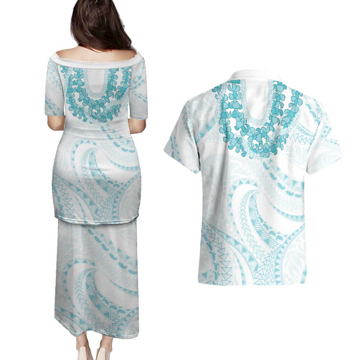 Aloha Lei Onaona Couples Matching Puletasi and Hawaiian Shirt Teal Hawaiian Tribal Pattern