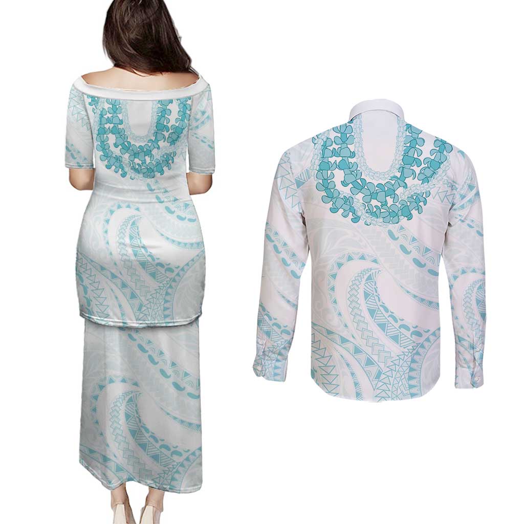Aloha Lei Onaona Couples Matching Puletasi and Long Sleeve Button Shirt Teal Hawaiian Tribal Pattern