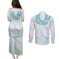 Aloha Lei Onaona Couples Matching Puletasi and Long Sleeve Button Shirt Teal Hawaiian Tribal Pattern