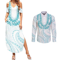 Aloha Lei Onaona Couples Matching Summer Maxi Dress and Long Sleeve Button Shirt Teal Hawaiian Tribal Pattern