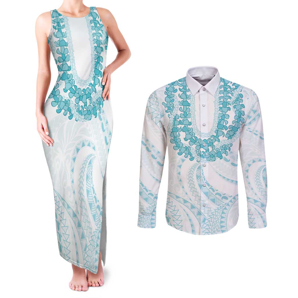 Aloha Lei Onaona Couples Matching Tank Maxi Dress and Long Sleeve Button Shirt Teal Hawaiian Tribal Pattern
