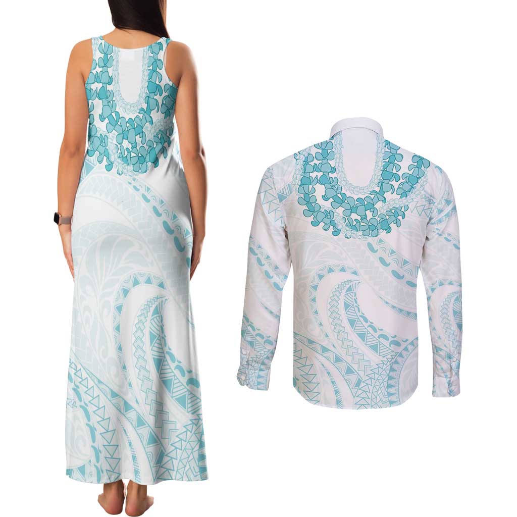 Aloha Lei Onaona Couples Matching Tank Maxi Dress and Long Sleeve Button Shirt Teal Hawaiian Tribal Pattern
