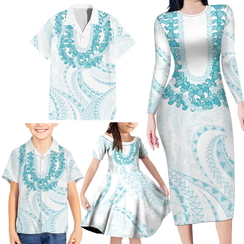Aloha Lei Onaona Family Matching Long Sleeve Bodycon Dress and Hawaiian Shirt Teal Hawaiian Tribal Pattern