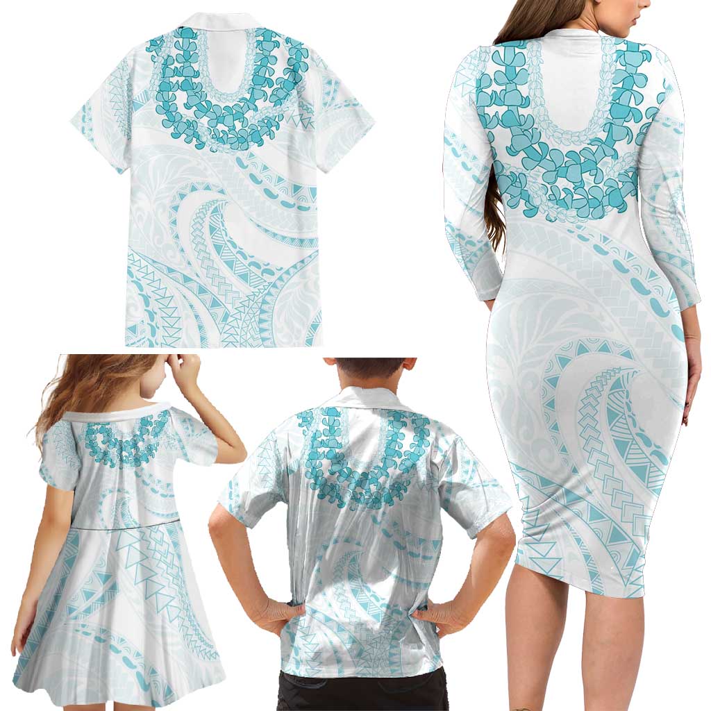 Aloha Lei Onaona Family Matching Long Sleeve Bodycon Dress and Hawaiian Shirt Teal Hawaiian Tribal Pattern