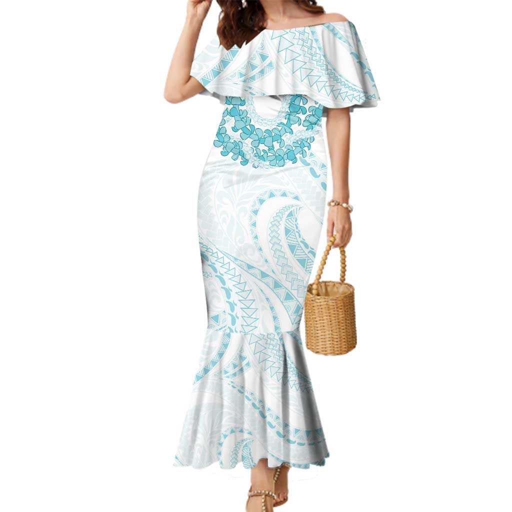 Aloha Lei Onaona Family Matching Mermaid Dress and Hawaiian Shirt Teal Hawaiian Tribal Pattern