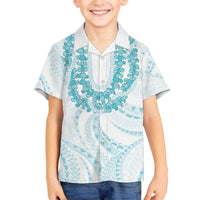 Aloha Lei Onaona Family Matching Off The Shoulder Long Sleeve Dress and Hawaiian Shirt Teal Hawaiian Tribal Pattern