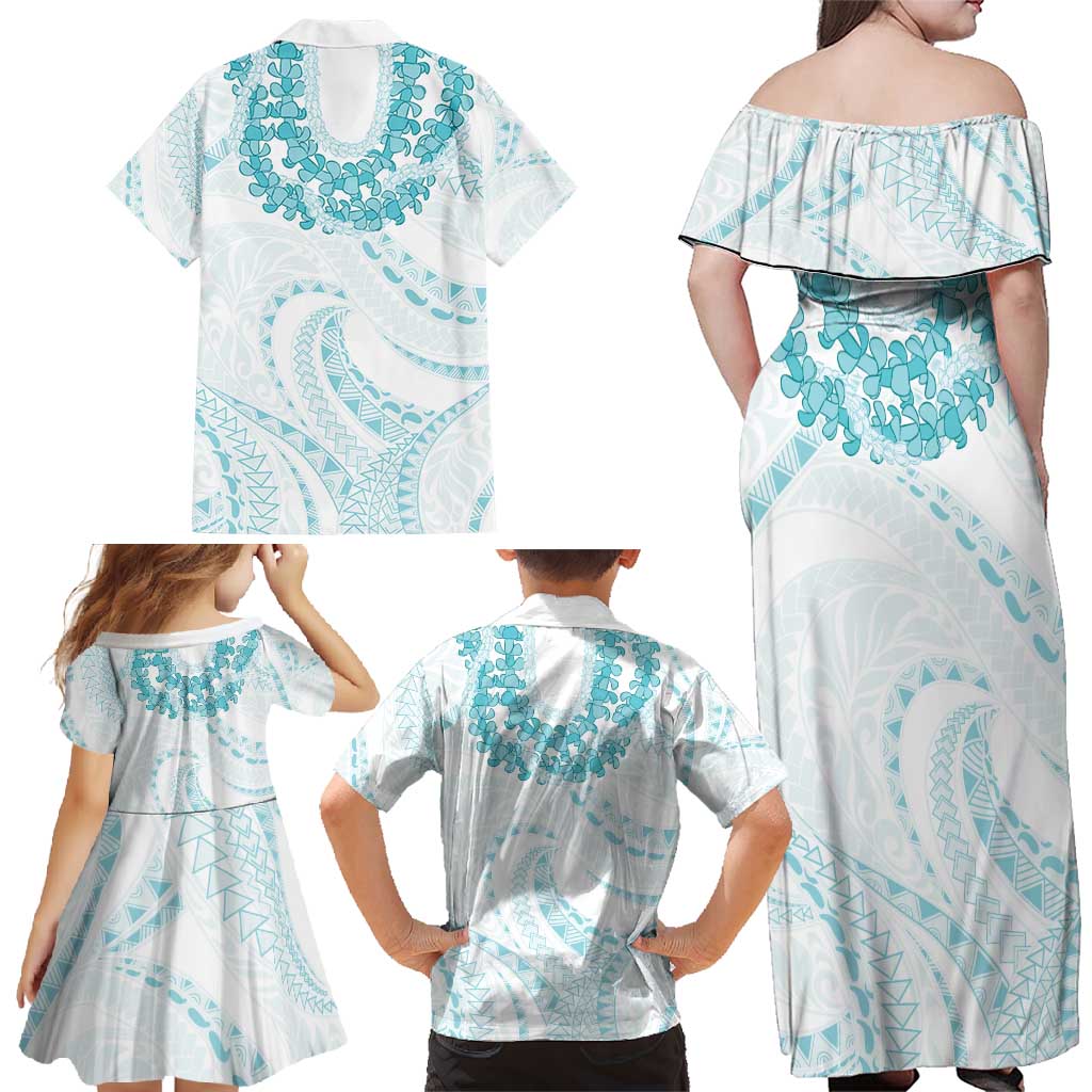 Aloha Lei Onaona Family Matching Off Shoulder Maxi Dress and Hawaiian Shirt Teal Hawaiian Tribal Pattern