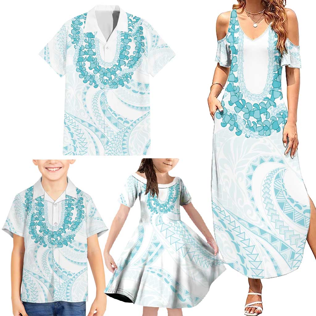 Aloha Lei Onaona Family Matching Summer Maxi Dress and Hawaiian Shirt Teal Hawaiian Tribal Pattern