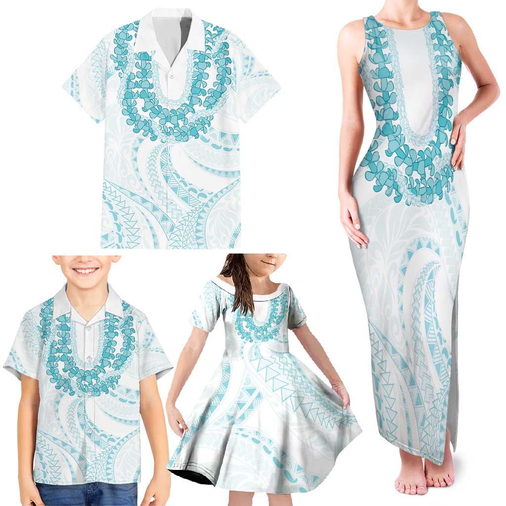 Aloha Lei Onaona Family Matching Tank Maxi Dress and Hawaiian Shirt Teal Hawaiian Tribal Pattern