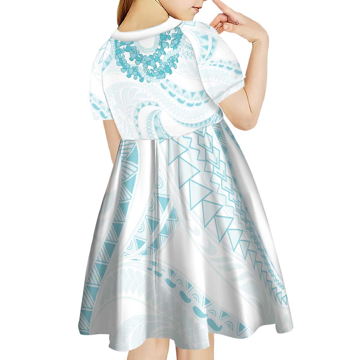 Aloha Lei Onaona Kid Short Sleeve Dress Teal Hawaiian Tribal Pattern