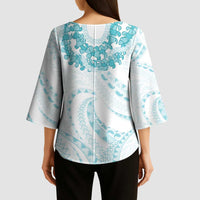 Aloha Lei Onaona Kimono Sleeve Blouse Teal Hawaiian Tribal Pattern - Polynesian Pride