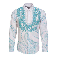 Aloha Lei Onaona Long Sleeve Button Shirt Teal Hawaiian Tribal Pattern
