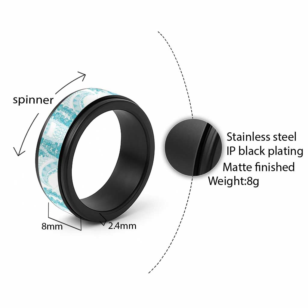 Aloha Lei Onaona Spinner Ring Teal Hawaiian Tribal Pattern - Polynesian Pride