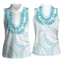 Aloha Lei Onaona Women Sleeveless Polo Shirt Teal Hawaiian Tribal Pattern