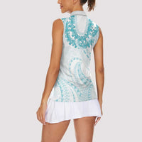 Aloha Lei Onaona Women Sleeveless Polo Shirt Teal Hawaiian Tribal Pattern
