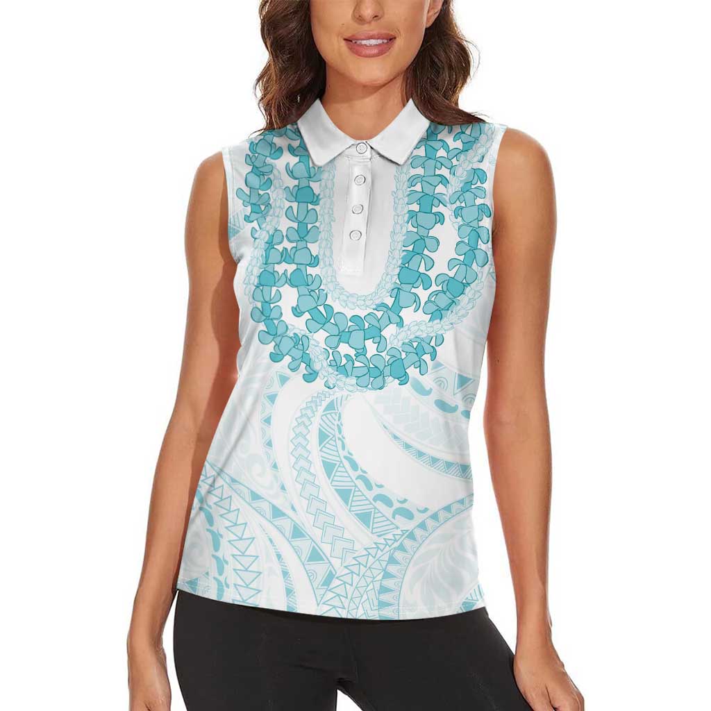 Aloha Lei Onaona Women Sleeveless Polo Shirt Teal Hawaiian Tribal Pattern
