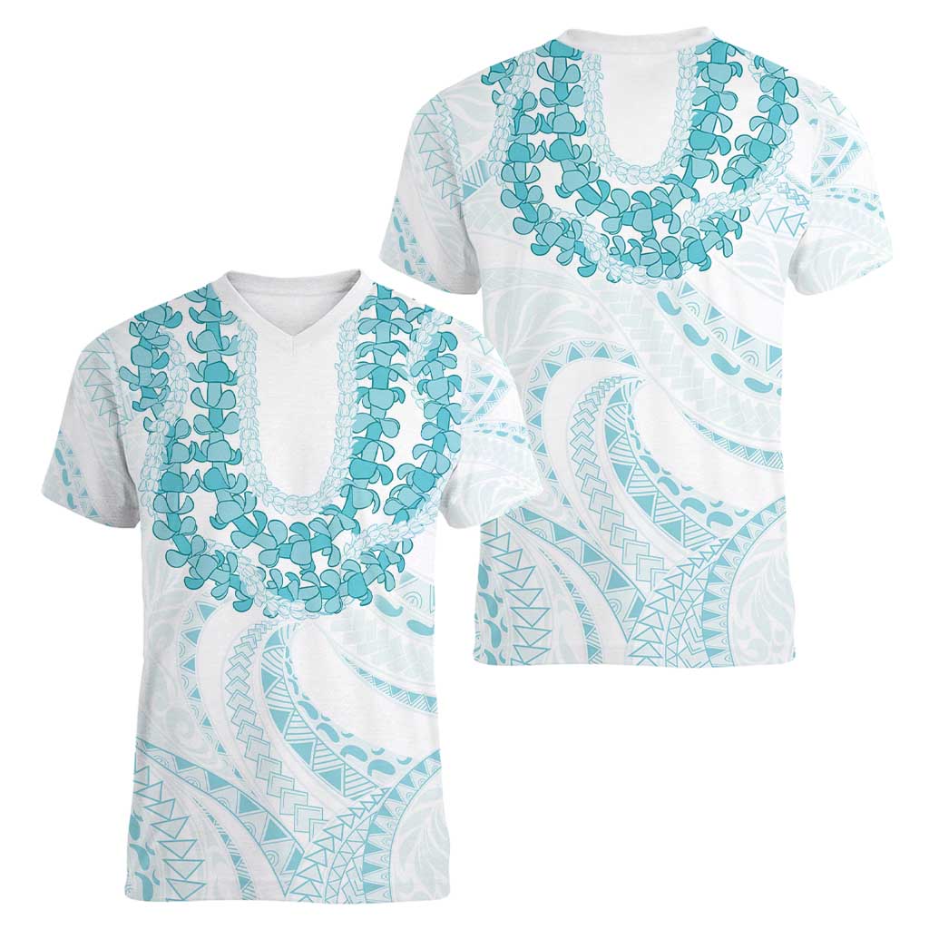 Aloha Lei Onaona Women V-Neck T-Shirt Teal Hawaiian Tribal Pattern