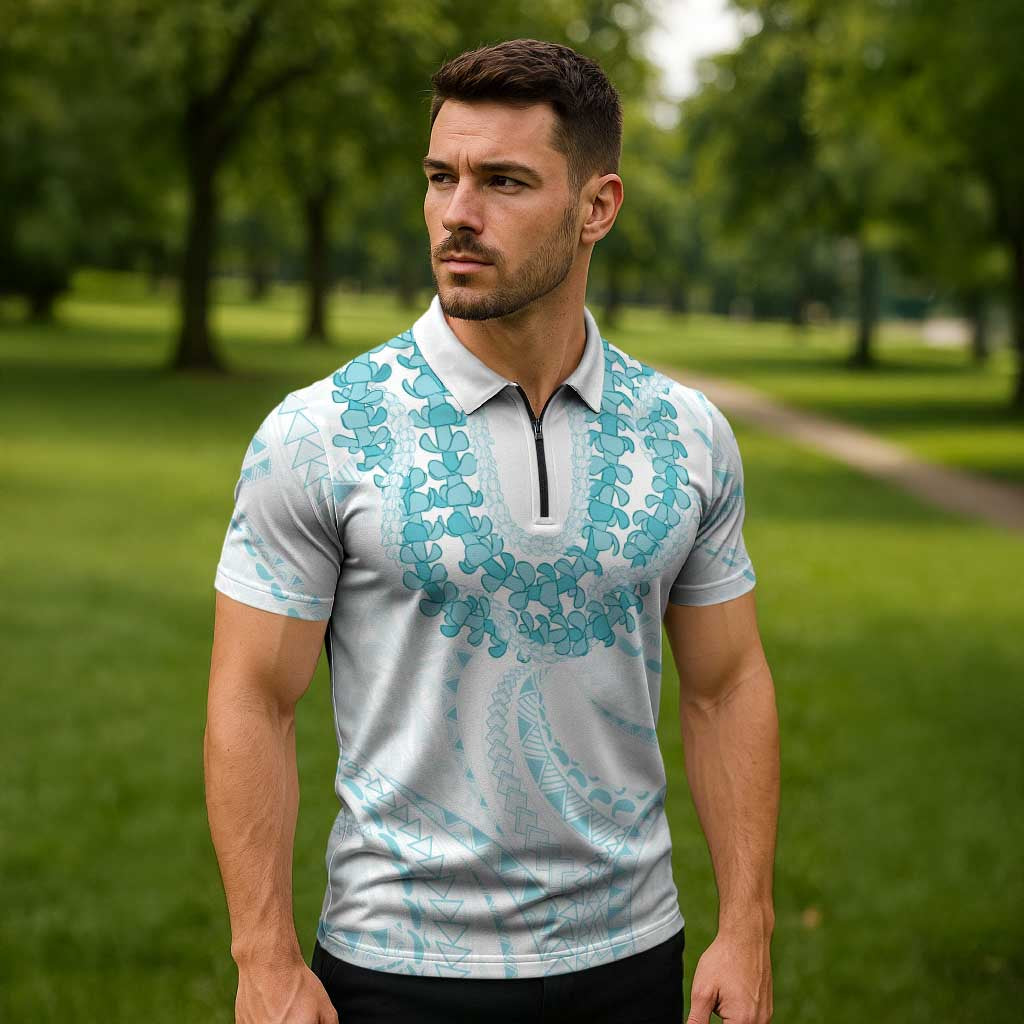 Aloha Lei Onaona Zipper Polo Shirt Teal Hawaiian Tribal Pattern - Polynesian Pride
