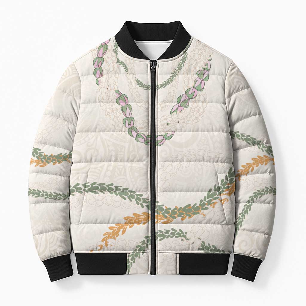 Aloha Lei Mikioi Bomber Puffer Jacket Beige Polynesian Tribal Tatau Pattern - Polynesian Pride