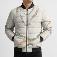 Aloha Lei Mikioi Bomber Puffer Jacket Beige Polynesian Tribal Tatau Pattern - Polynesian Pride