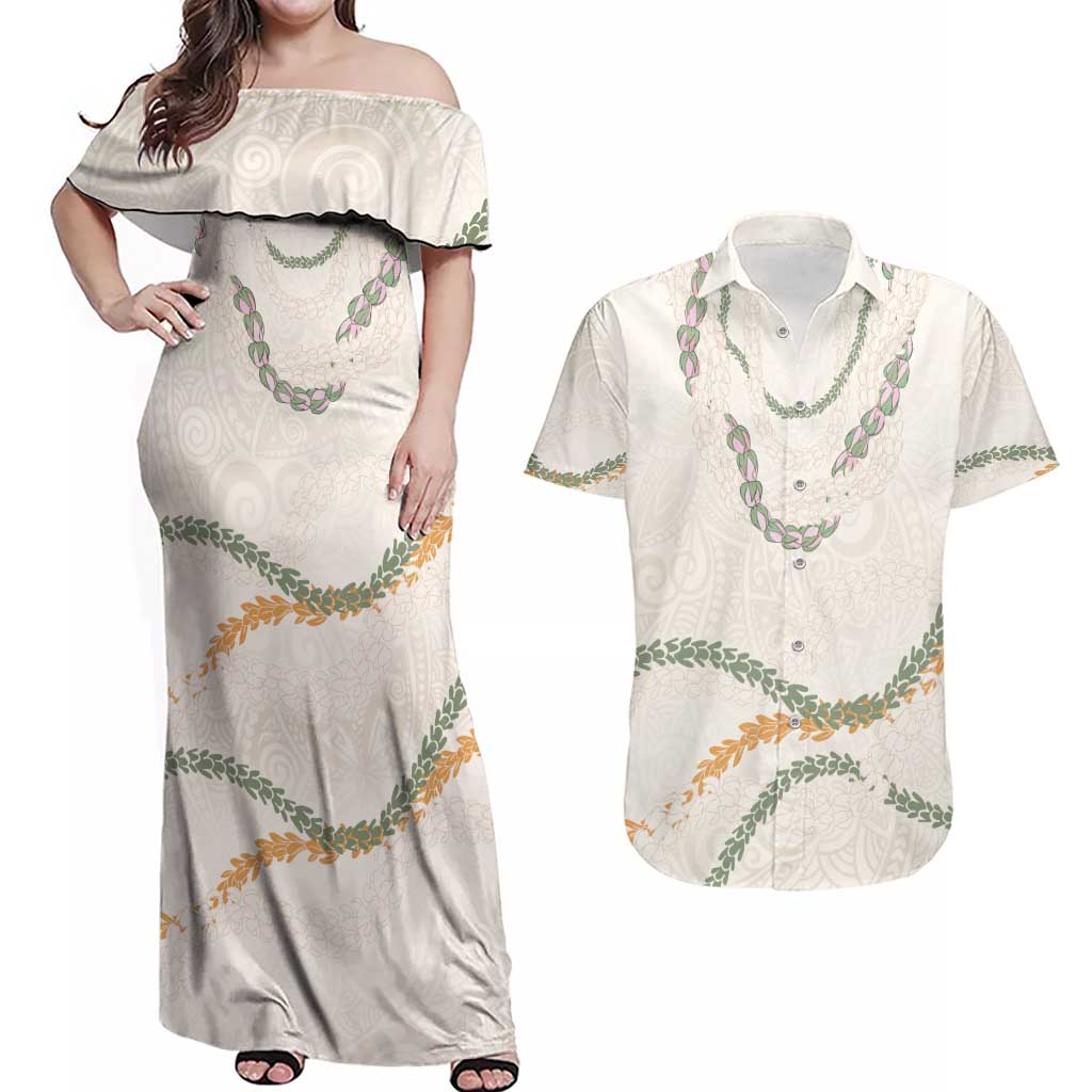 Aloha Lei Mikioi Couples Matching Off Shoulder Maxi Dress and Hawaiian Shirt Beige Polynesian Tribal Tatau Pattern