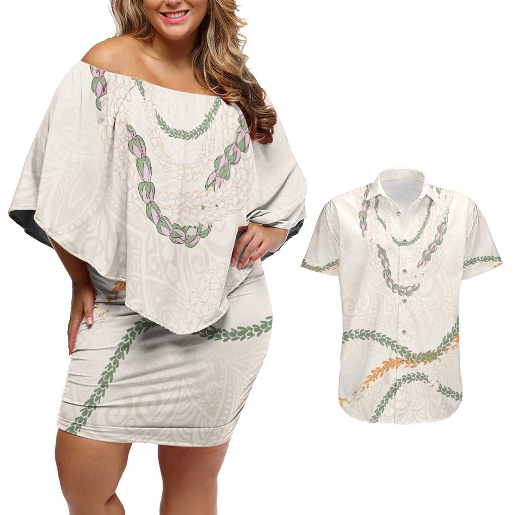 Aloha Lei Mikioi Couples Matching Off Shoulder Short Dress and Hawaiian Shirt Beige Polynesian Tribal Tatau Pattern