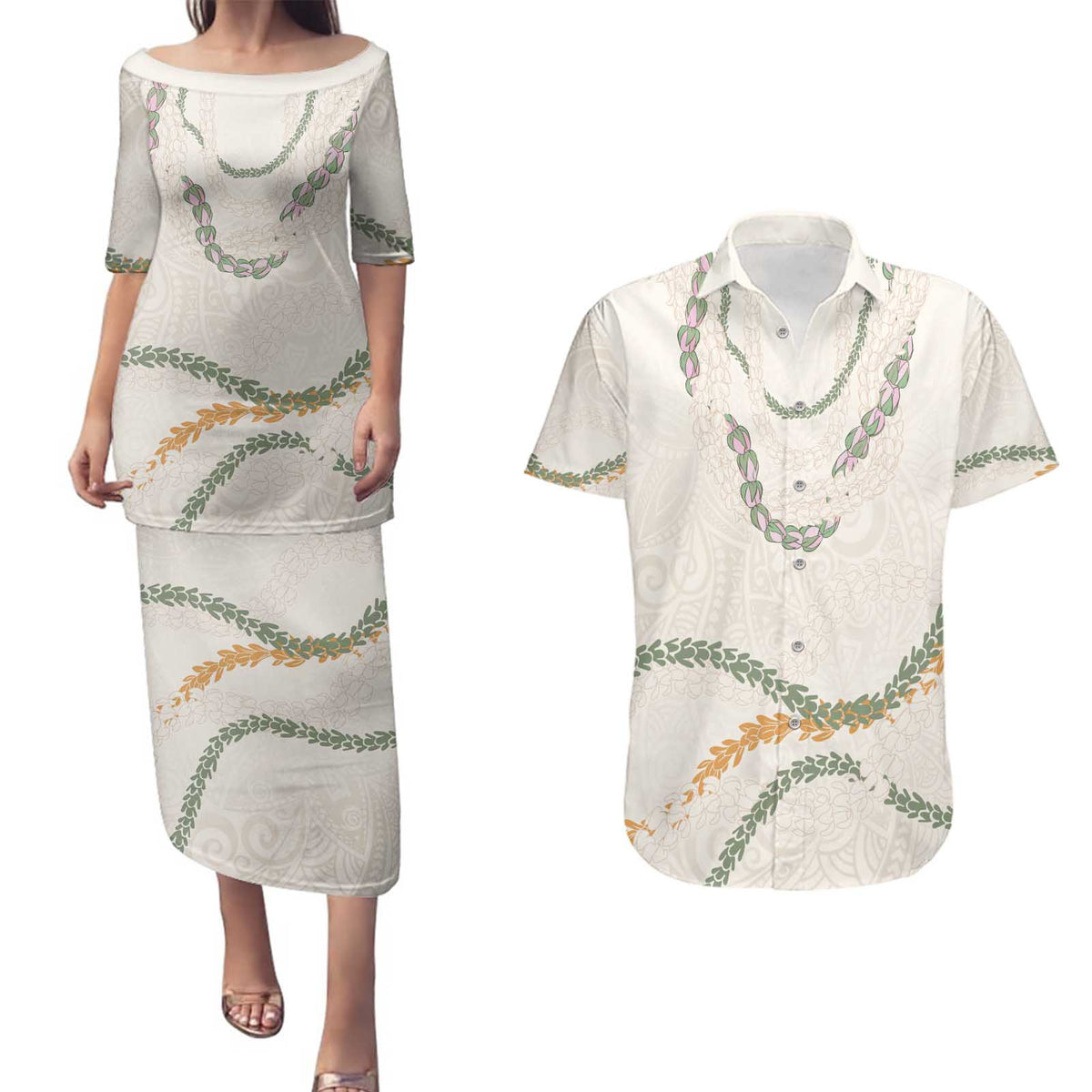 Aloha Lei Mikioi Couples Matching Puletasi and Hawaiian Shirt Beige Polynesian Tribal Tatau Pattern