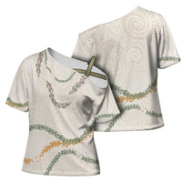 Aloha Lei Mikioi Cross Shoulder Shirt Beige Polynesian Tribal Tatau Pattern - Polynesian Pride