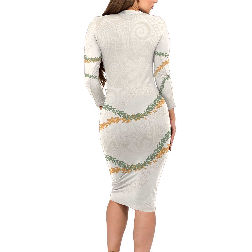 Aloha Lei Mikioi Family Matching Long Sleeve Bodycon Dress and Hawaiian Shirt Beige Polynesian Tribal Tatau Pattern