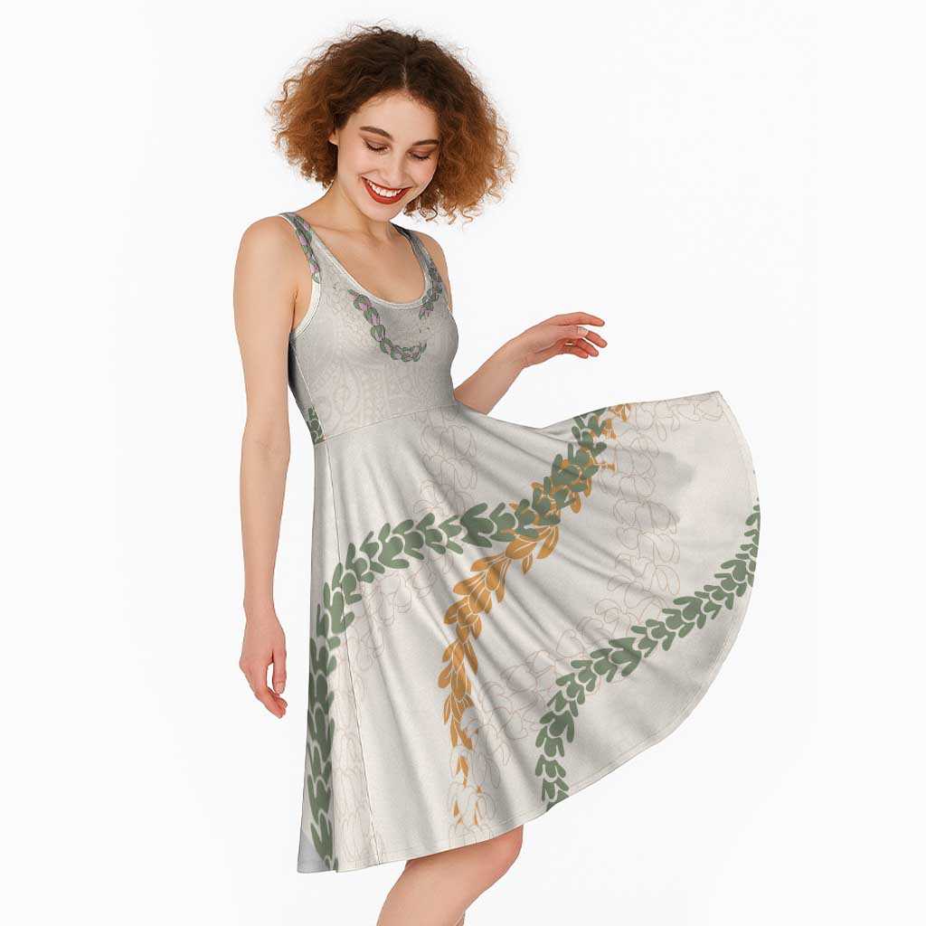 Aloha Lei Mikioi Midi Dress Beige Polynesian Tribal Tatau Pattern - Polynesian Pride