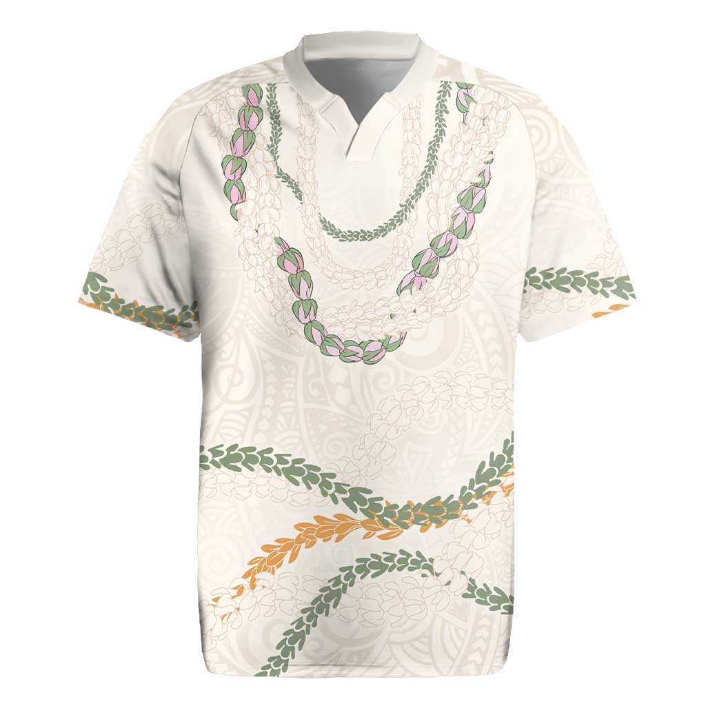 Aloha Lei Mikioi Rugby Jersey Beige Polynesian Tribal Tatau Pattern