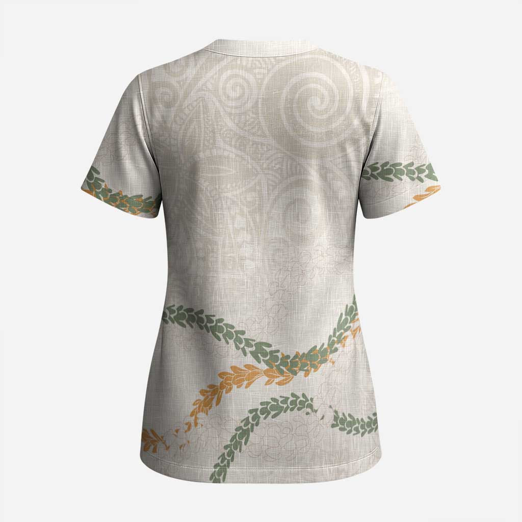 Aloha Lei Mikioi Scrub Top Beige Polynesian Tribal Tatau Pattern - Polynesian Pride