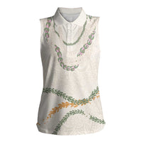 Aloha Lei Mikioi Women Sleeveless Polo Shirt Beige Polynesian Tribal Tatau Pattern