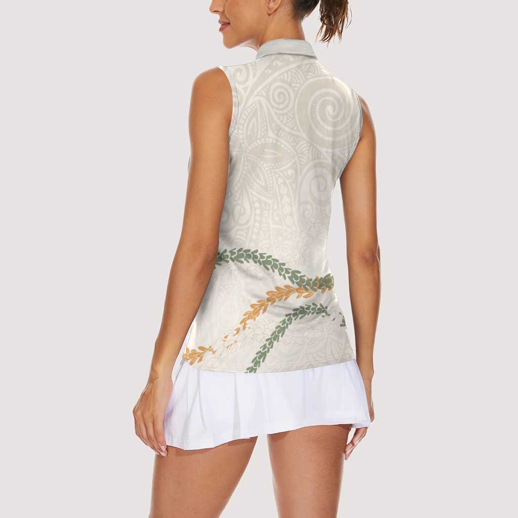 Aloha Lei Mikioi Women Sleeveless Polo Shirt Beige Polynesian Tribal Tatau Pattern