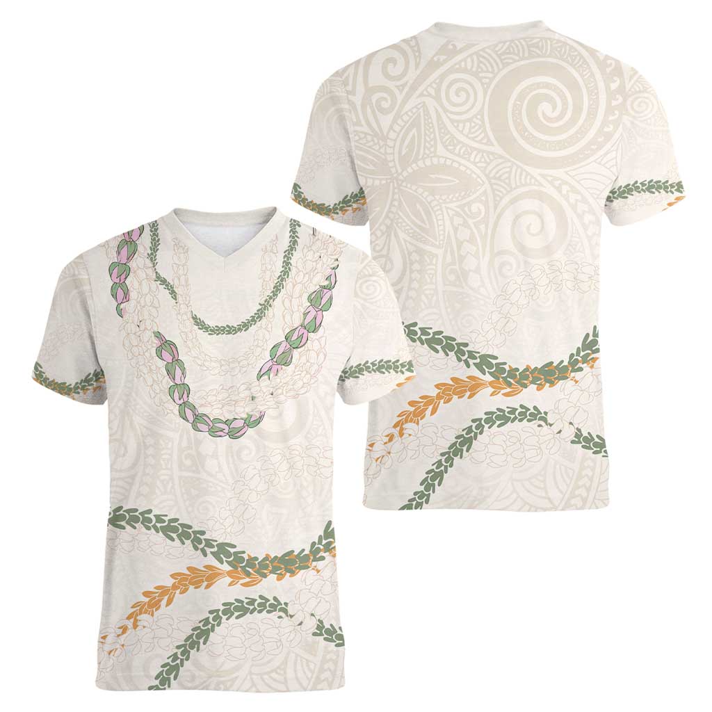 Aloha Lei Mikioi Women V-Neck T-Shirt Beige Polynesian Tribal Tatau Pattern