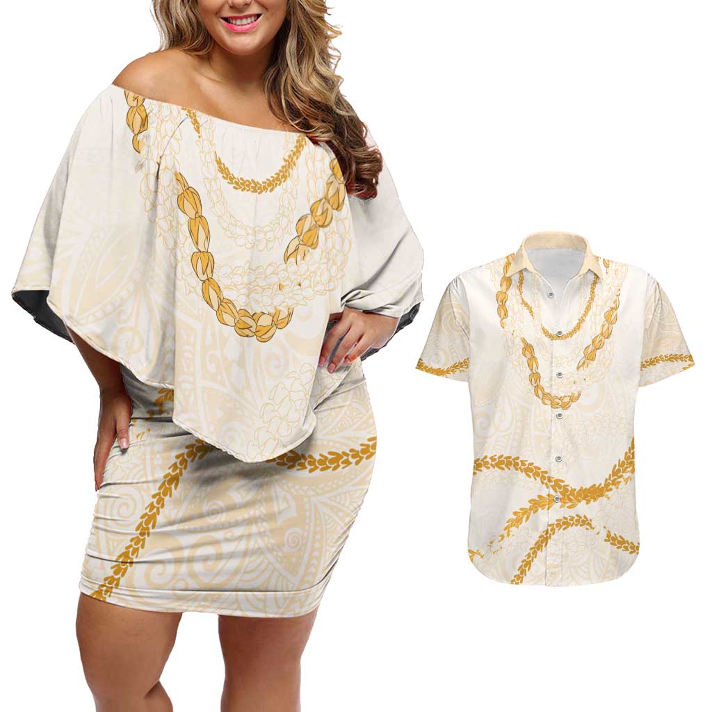 Aloha Lei Mikioi Couples Matching Off Shoulder Short Dress and Hawaiian Shirt Gold Polynesian Tribal Tatau Pattern