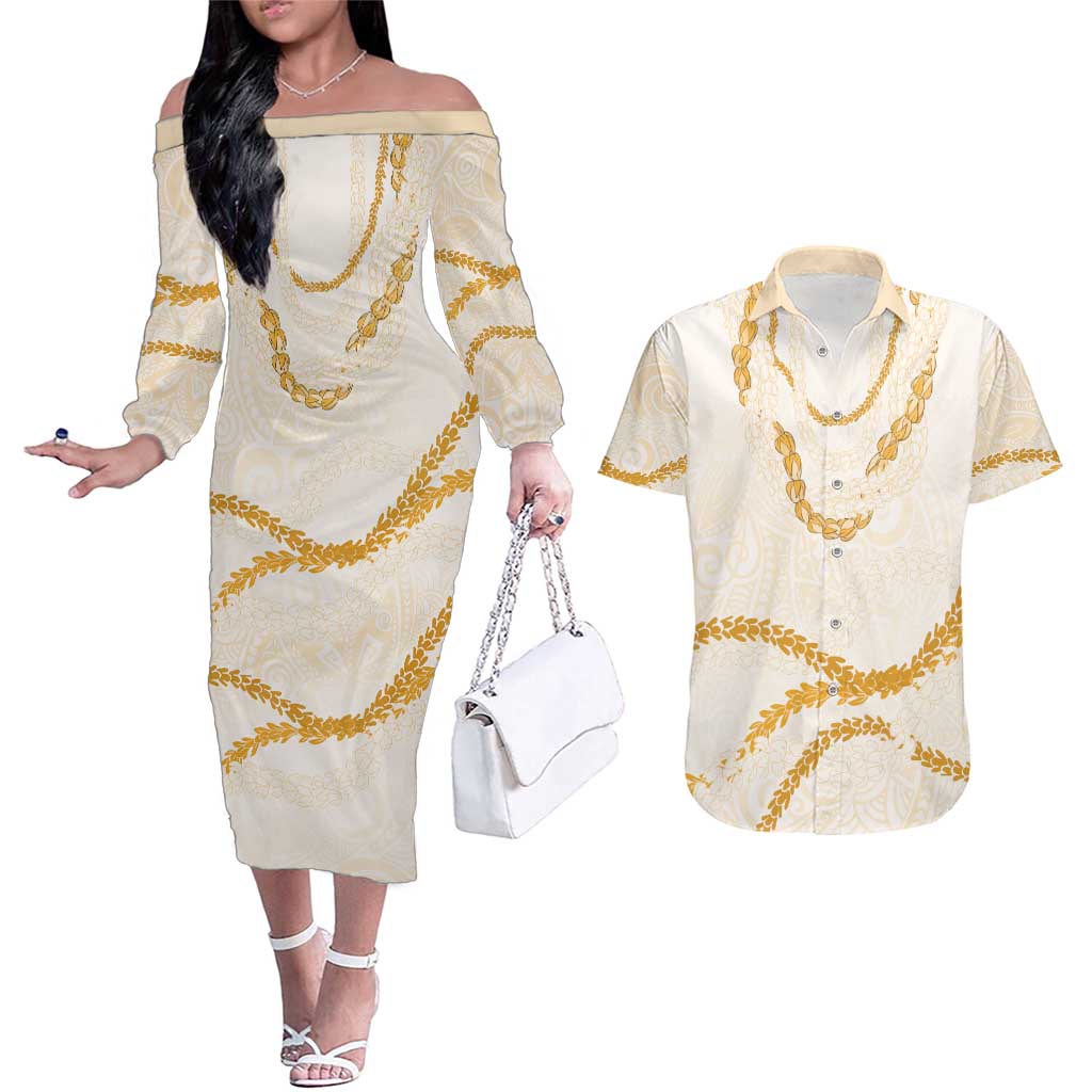 Aloha Lei Mikioi Couples Matching Off The Shoulder Long Sleeve Dress and Hawaiian Shirt Gold Polynesian Tribal Tatau Pattern