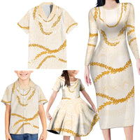 Aloha Lei Mikioi Family Matching Long Sleeve Bodycon Dress and Hawaiian Shirt Gold Polynesian Tribal Tatau Pattern