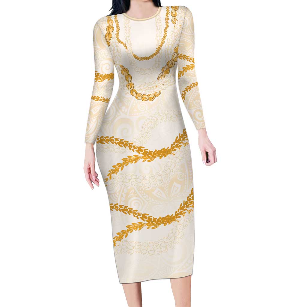 Aloha Lei Mikioi Family Matching Long Sleeve Bodycon Dress and Hawaiian Shirt Gold Polynesian Tribal Tatau Pattern