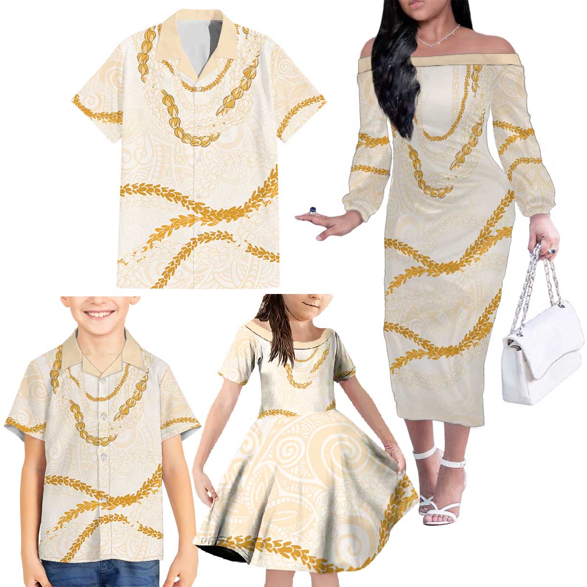 Aloha Lei Mikioi Family Matching Off The Shoulder Long Sleeve Dress and Hawaiian Shirt Gold Polynesian Tribal Tatau Pattern