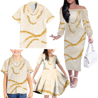 Aloha Lei Mikioi Family Matching Off The Shoulder Long Sleeve Dress and Hawaiian Shirt Gold Polynesian Tribal Tatau Pattern